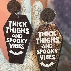 Thick Thighs And Spooky Vibes Coffin Shaped Acrylic Earrings Glitter